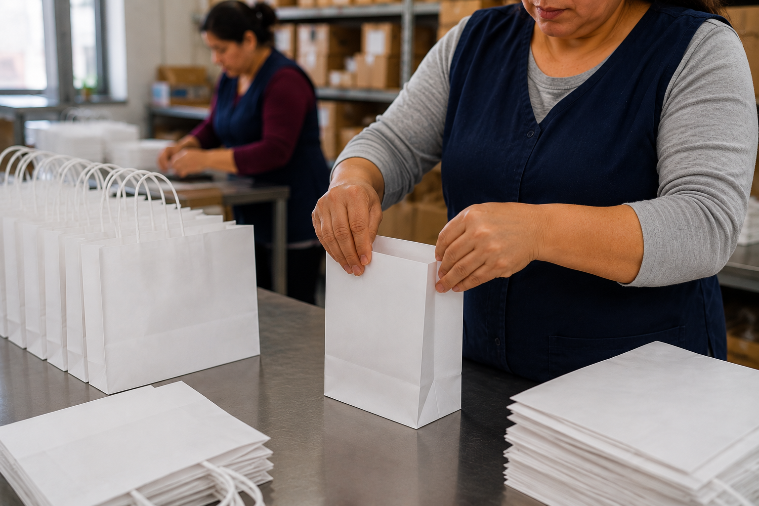 Persona armando cajas blancas en una mesa de trabajo